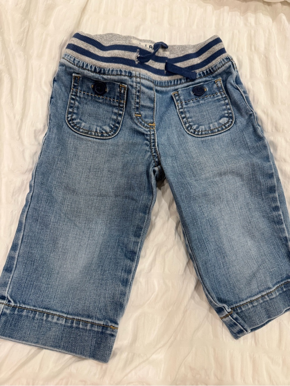 MINI BODEN Girls 4T Light Blue Denim Pull-On Jeans with Striped Waistband